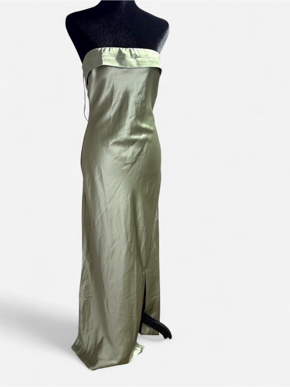 Altar'd State Strapless Satin Gown in Light Sage Green